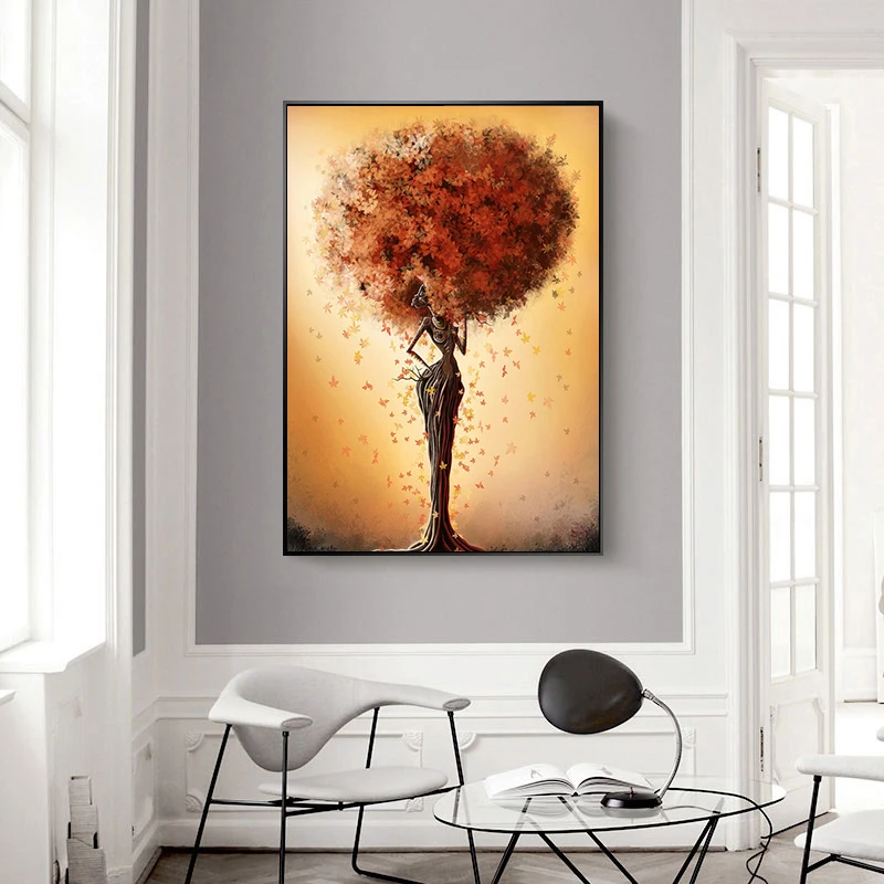 Абстрактный плакат с изображением черной Африканской девушки Цветных Листьев