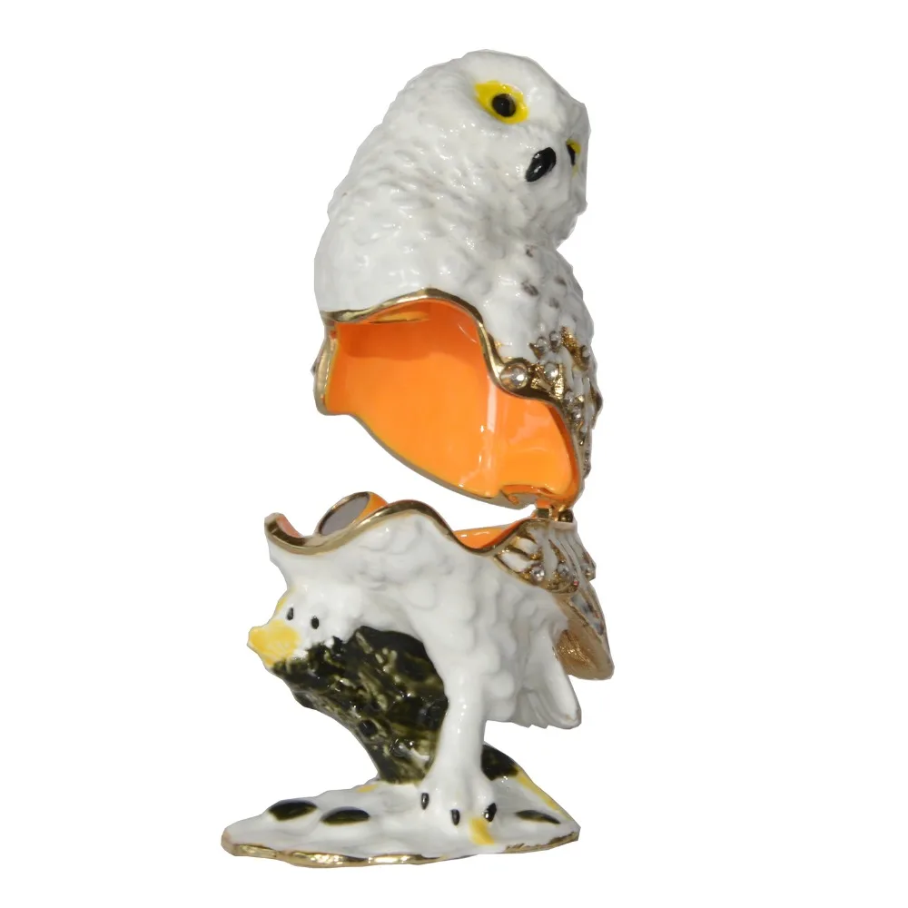 Сова на ветке украшенная драгоценными камнями металлическая шкатулка для