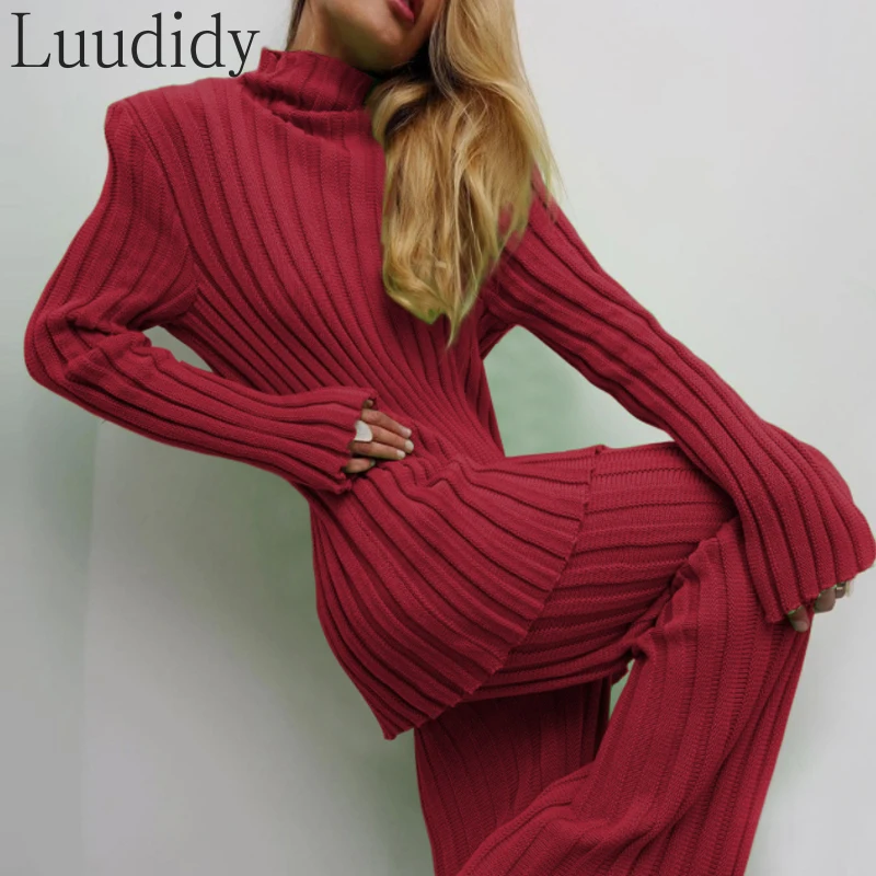 

Winter Turtleneck Sweater 2 Piece Sets Long Sleeve Casual Fashion Outfits Women Sets Ribbed Knitted Trousers