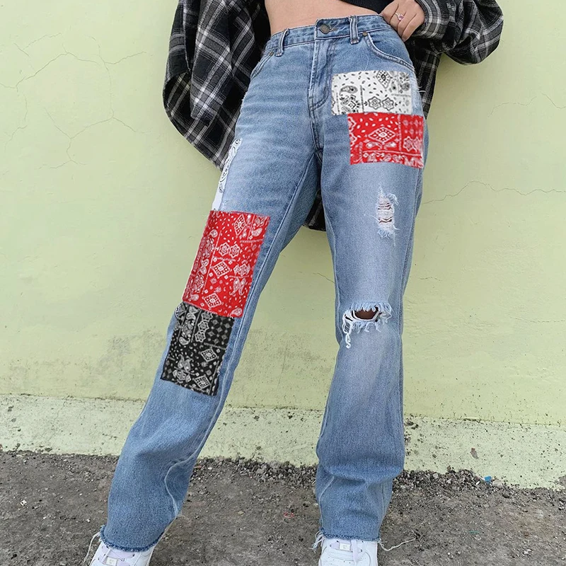 

Ripped Blue Y2K Straight Mom Jeans For Girls Female 2021Fashion Patched Women's Vintage Denim Pants High Waisted Trouser Capri