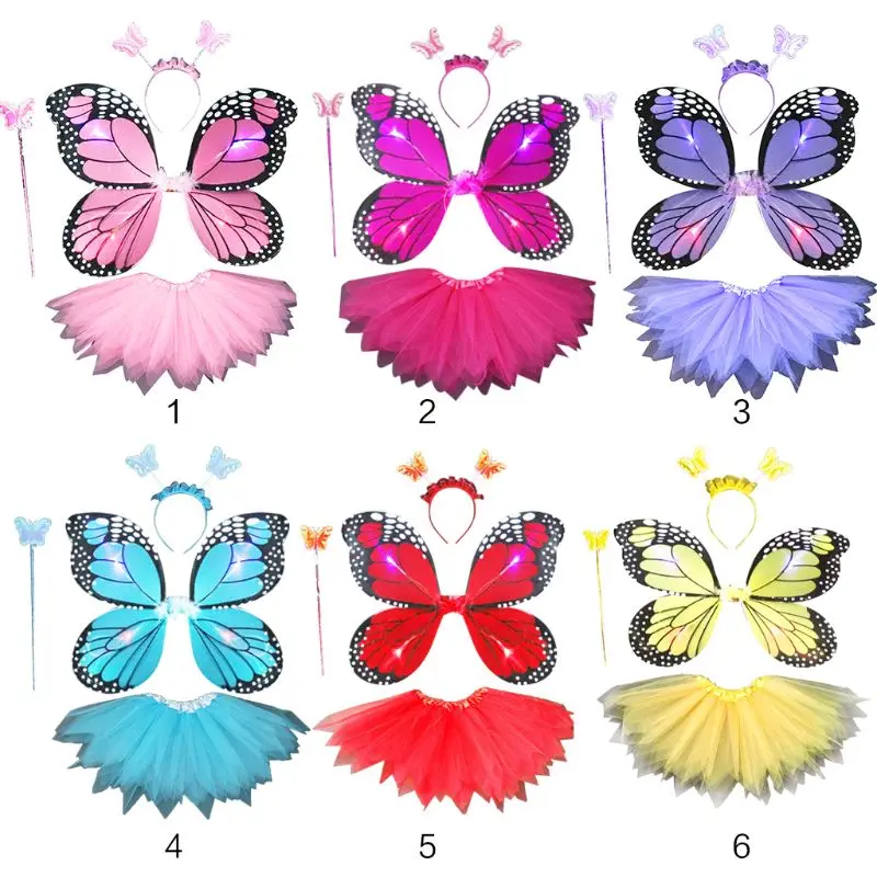 Adult Kids 4Pcs Fairy Costume Set LED Simulation Butterfly Wings Pointed Tutu Skirt Headband Wand Princess Girls Party Dress Up
