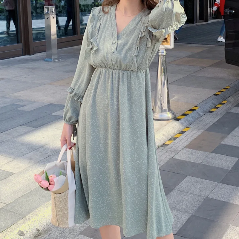 

Polka Dot printed slim Waist Ruffled A-Line party Dress Spring Fall boho beach Long Dress Elegant Fashion Vestidos Femme 2021