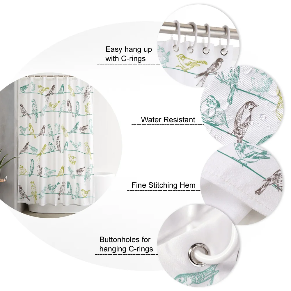 

Wire Bird Retro Style Shower Curtain Polyester Fabric Bathroom Home Decor Waterproof Shower Curtains with Hooks