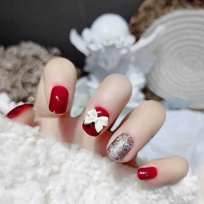 

24 шт., блестящие накладные ногти, милый стиль, дизайн с белым бантом, полностью готовые женские накладные ногти для девочек