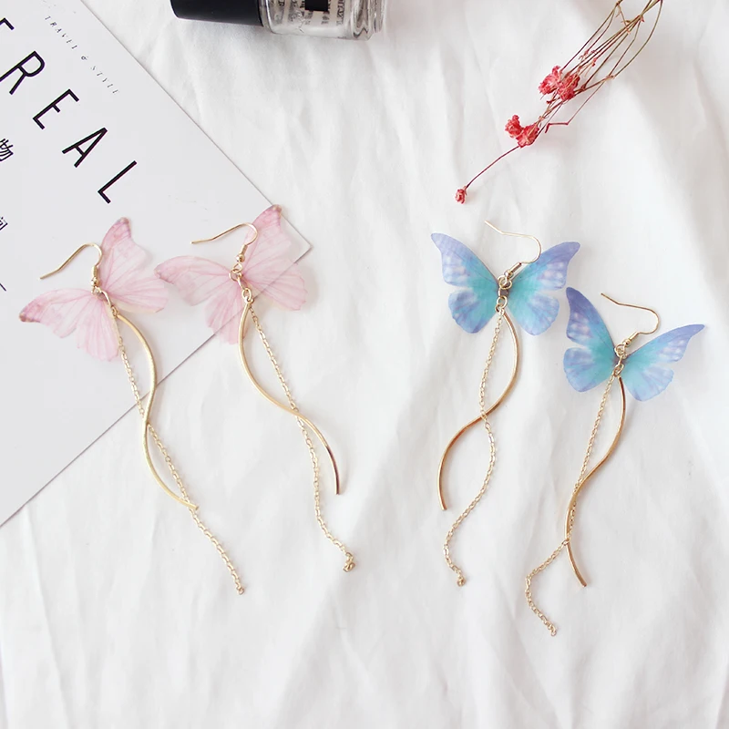 Женские серьги подвески с бабочками длинные из пряжи стразы