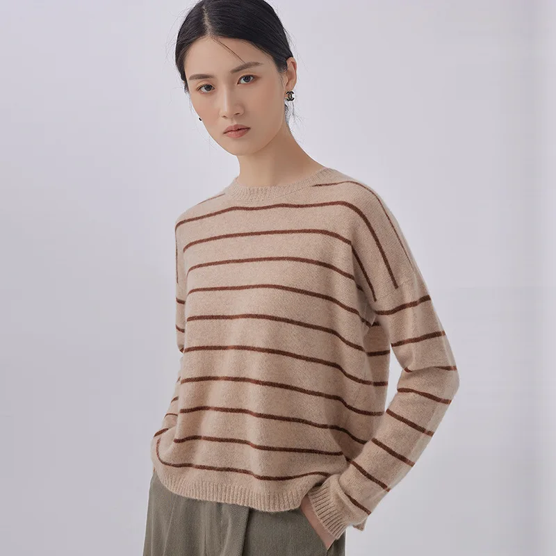 

100% Pure Cashmere Sweater Pullover Women's Winter Warm Striped Sweater Casual Loose Knitted Cashmere Sweater Femme Jumper