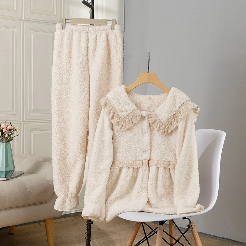 

Одежда для сна для девочек, Милая пижама из кораллового флиса, комплект с кукольным воротником и оборками, утепленные костюмы в стиле зрител...