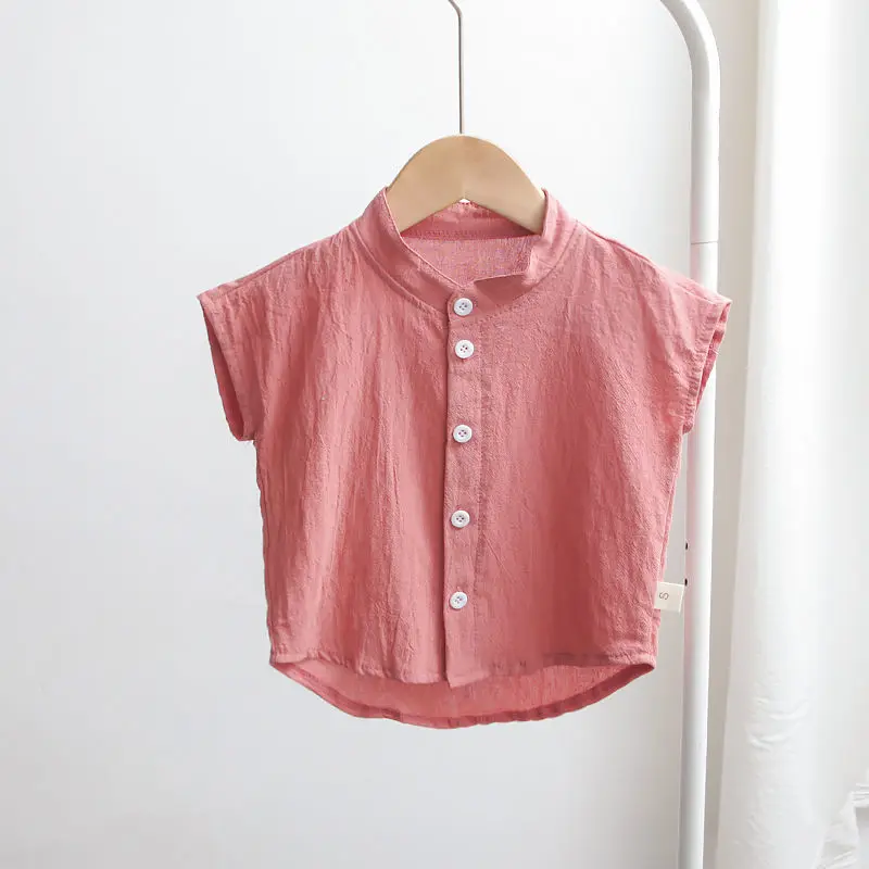 

Boy's shirt short-sleeved summer new Korean children's shirt cotton and linen stand-up collar solid color loose thin style P4752