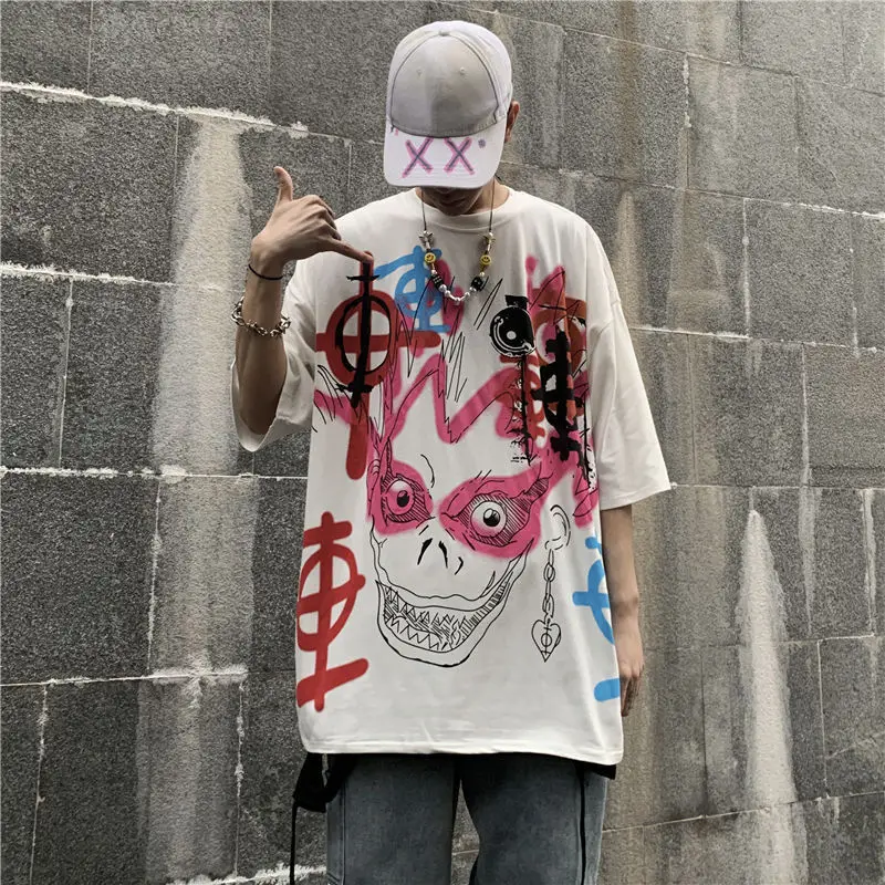 

Summer short-sleeved T-shirt Korean loose funny print hip-hop plus size ins men's t-shirt
