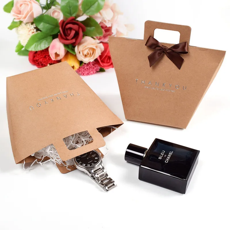 

10pcs White Merci Thank You Packaging Candy Kraft Paper Bag Wedding Dragees Gift Box Cake Baby Shower Paper Bags with Handles