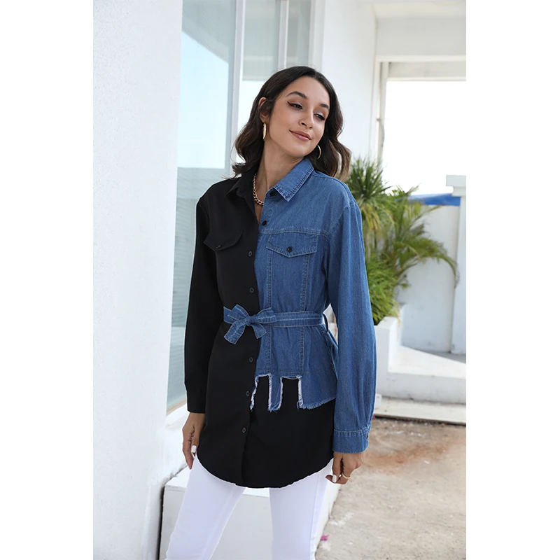 Женская джинсовая рубашка с карманами Повседневная Облегающая длинным рукавом и