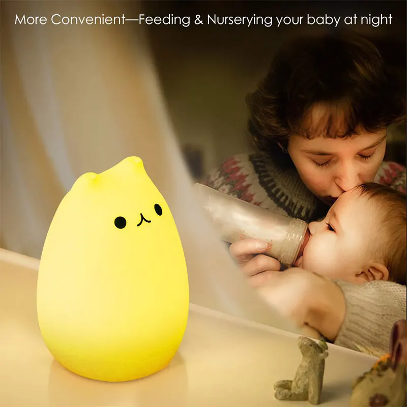 

Colorful Silicone LED Night Light USB Rechargeable Cute Cat Touch Sensor Decorate Desk Light 2 Modes Portable Lamp For Children