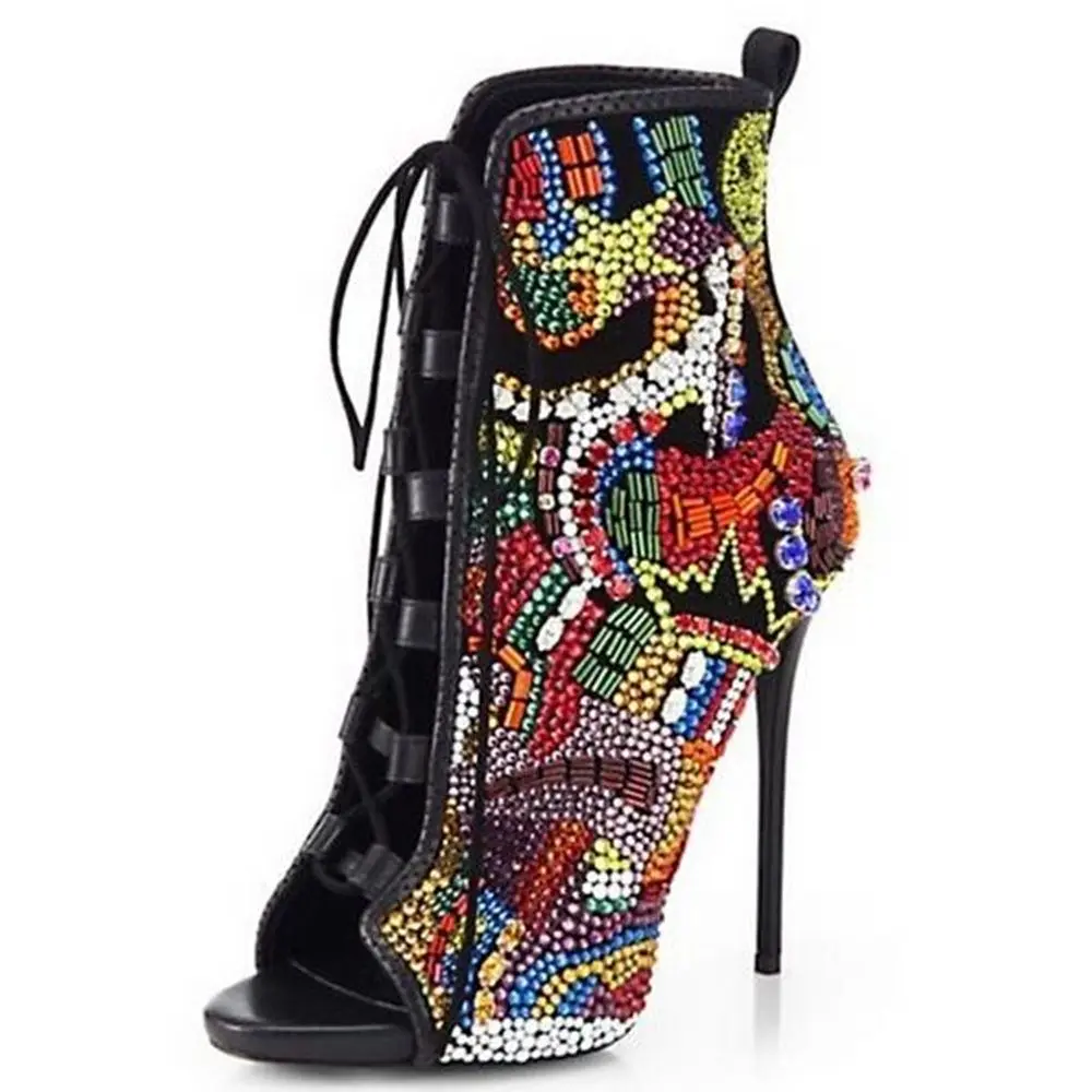 

Женские ботильоны с перекрестной шнуровкой, черные кожаные ботильоны с разноцветными бусинами и кристаллами, Новое поступление на лето 2021