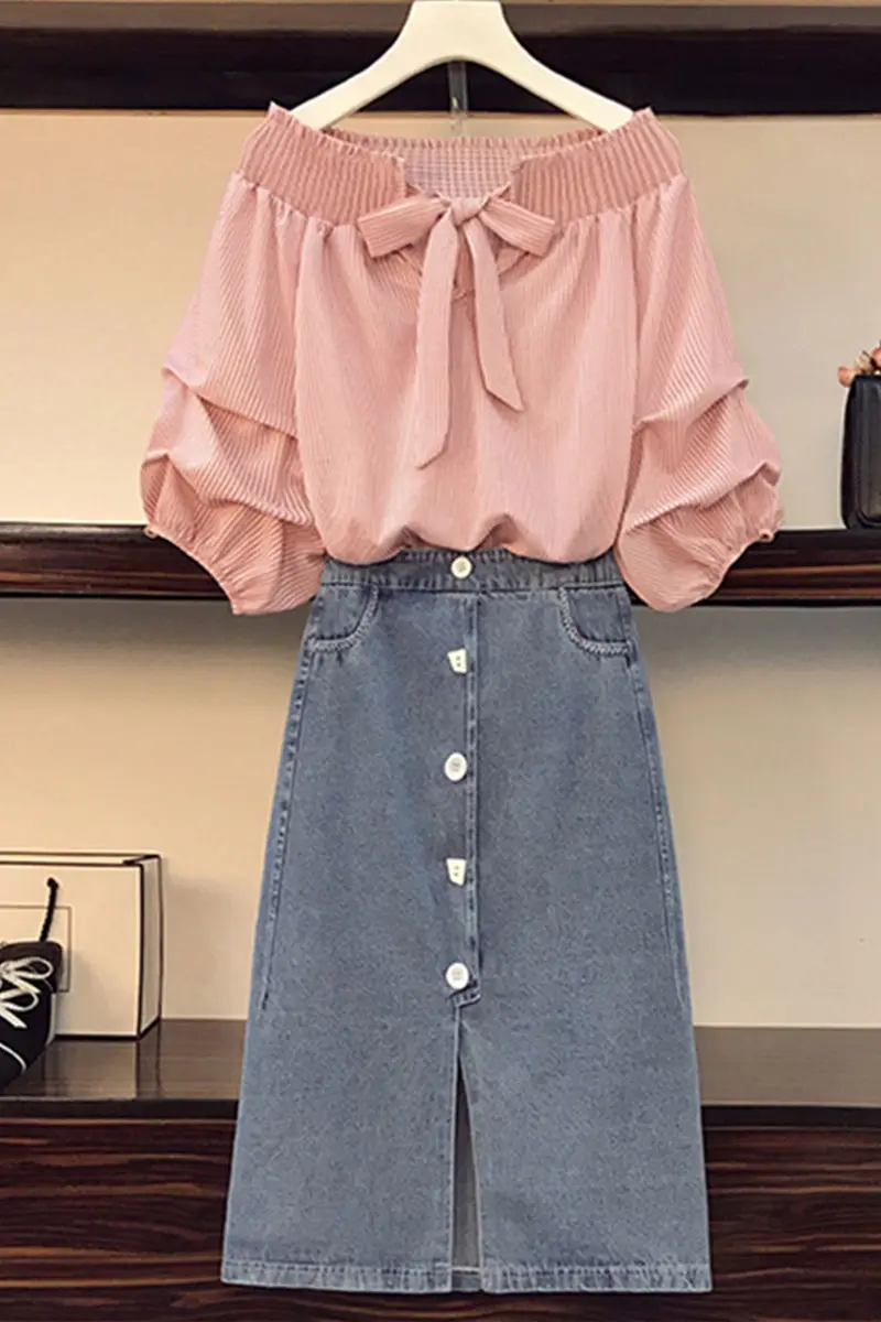 

2 Piece Set Women Skirt And Blouse Plus Size 2021 Summer Clothing New Slim Denim Skirts Womens Bow Tops Korean Outfit zh616