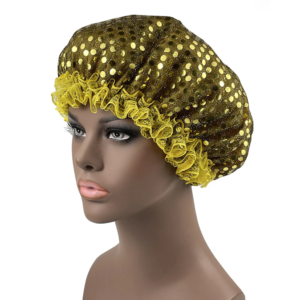 

Sequins Bonnets For Women Salon Makeup Headband Lace Cap Double Layer Sleeping Hat Bonnet Hijab For Natural Long Hair Curly Hair