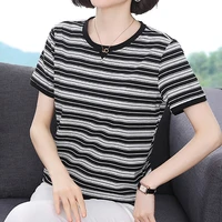 vintage striped cotton tshirt women casual o neck summer short sleeve female korean clothes loose tee shirt plus size tops mujer