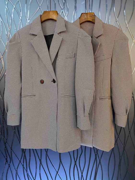 

Новинка 2021, женский модный блейзер с лацканами и двумя пуговицами, украшенный твидовым узором, с длинными рукавами, 812