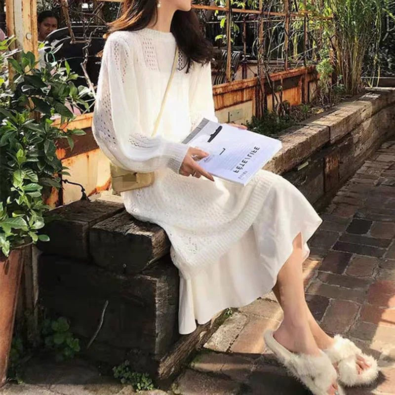 Женское трикотажное платье свитер Свободное длинное ажурное с рукавами