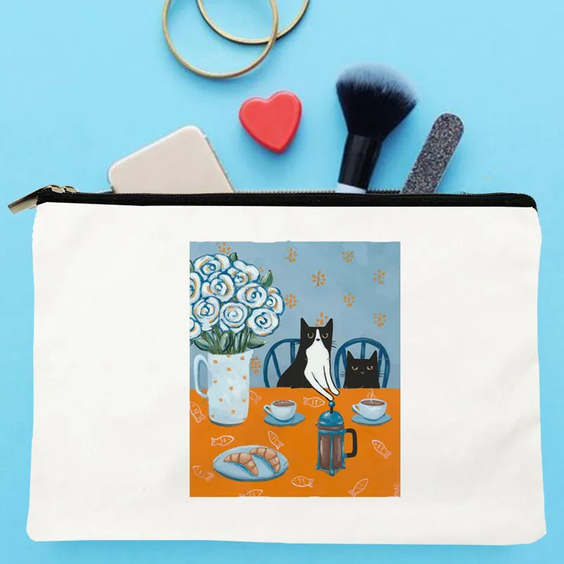 

Women French Coffee Cats Printed Make up bag Fashion Women Cosmetics Organizer Bag for Travel Colorful Storage Bag for Lady Bag