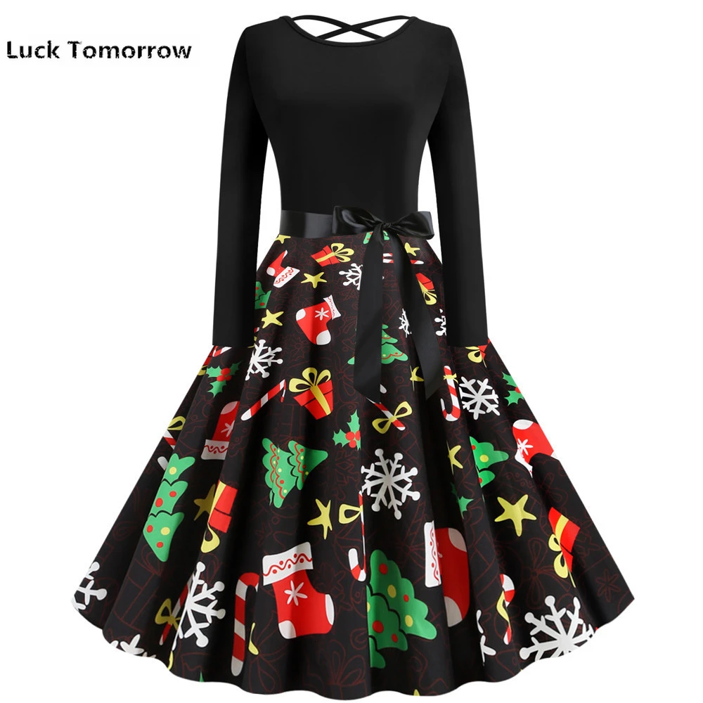 Ретро принт высокая талия винтажное рождественское платье для женщин 2019 Осень