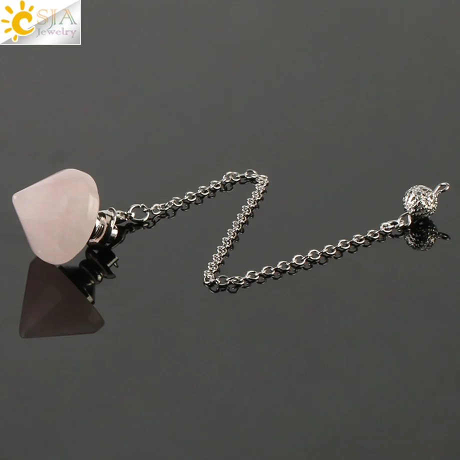 Rose Quartz CSJA Новое поступление конусовидный маятник пуля рейки натуральный камень розовый фиолетовый кристалл Кварц Маятники для гадания дюбинг G187 - Окраска металла: Rose Quartz