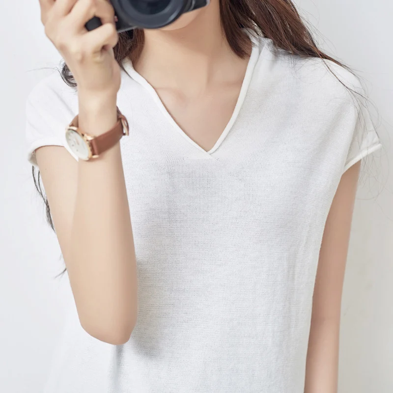 Футболка женская однотонная с V-образным вырезом Повседневная Свободная рубашка