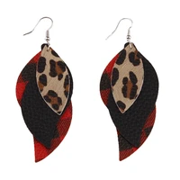three layers wing leaf glitter leopard faux leather black red plaid pu leather earrings for women curve feather leaf earrings