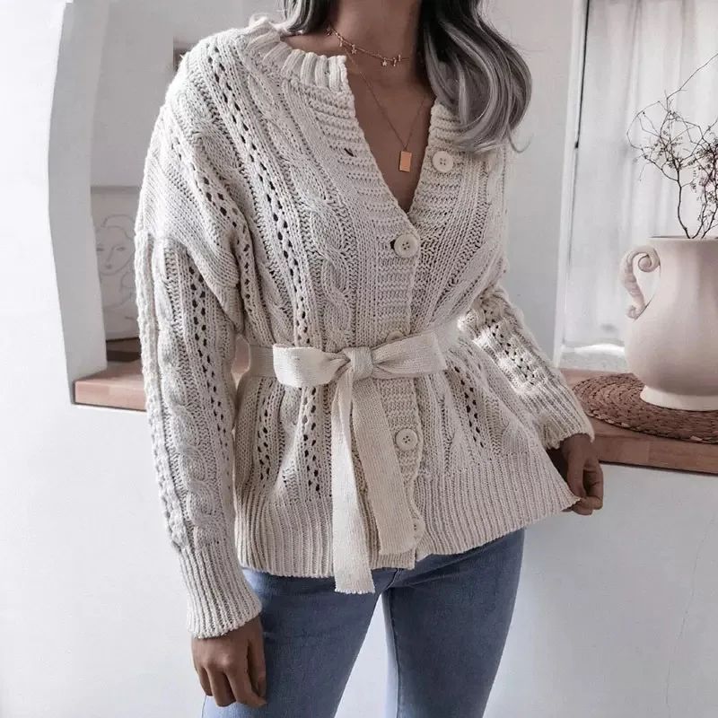 

Свитер вязаный женский, с пуговицами, с поясом, однотонный, Белый/имбирный/фиолетовый