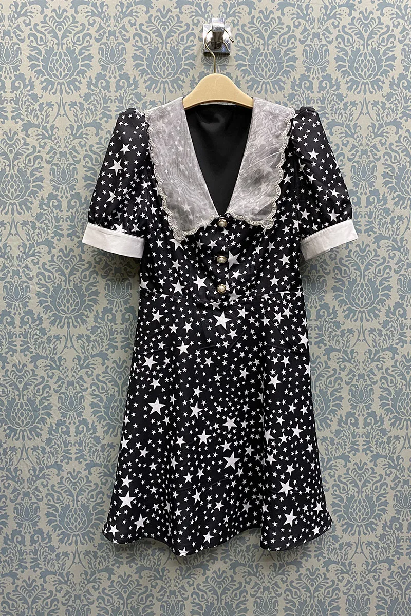 

Korean Fashion Clothes for Women Summer 2021 Elegant Bow Short Sleeve Black Printed Mini Woman Dress Vestido De Mujer
