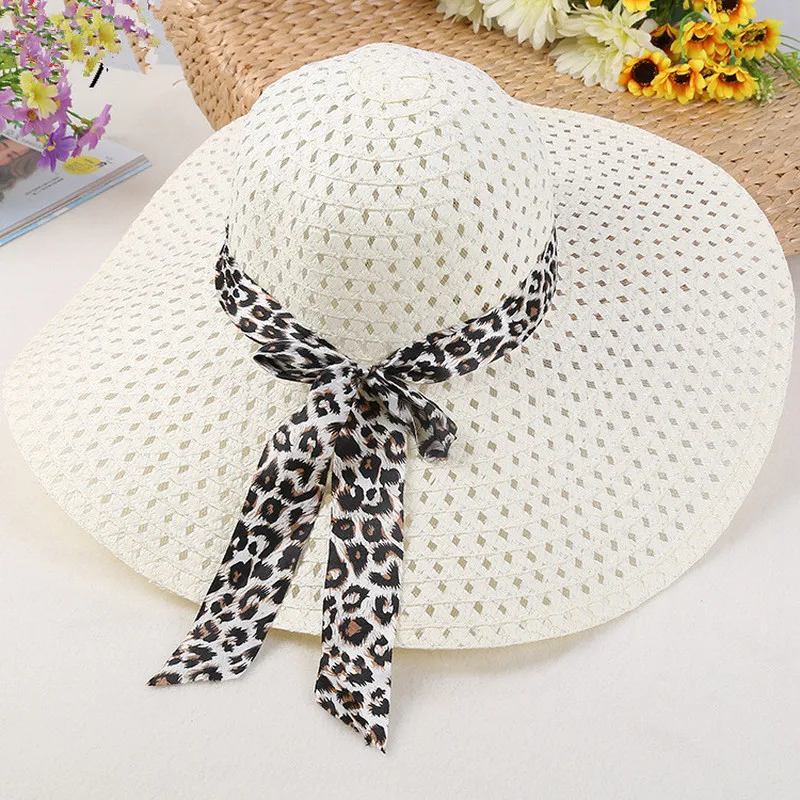 

New Fashion Sun Hats for Women Girls Wide Brim Floppy Straw Hat Summer Bohemia Beach Cap Ribbon Leopard chapeau femme