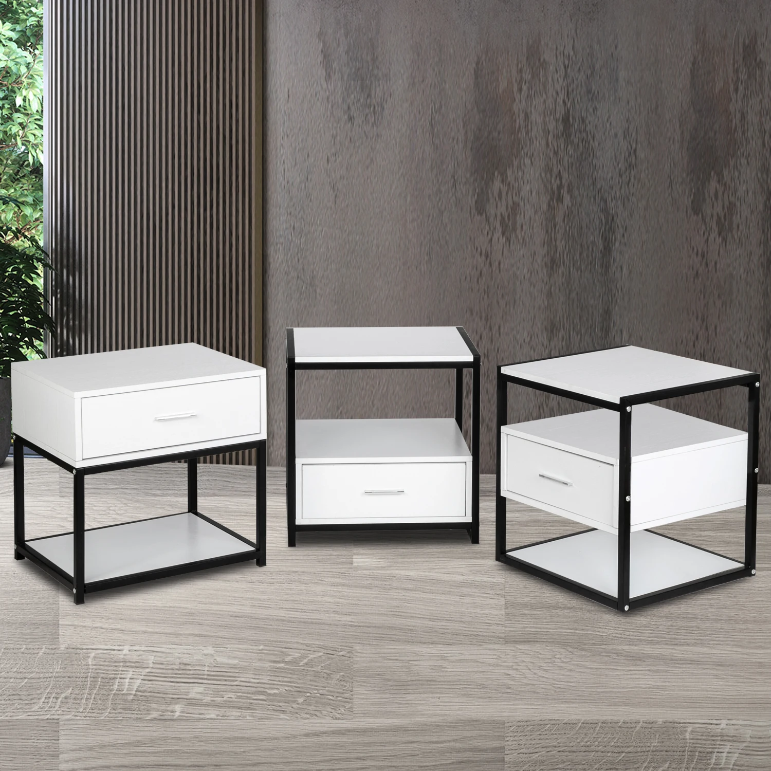 

Bedside Table Modern Simple Style Nightstand Particle Board&Steel Frame with 1 Drawer 45x45x50CM White[US-Stock]