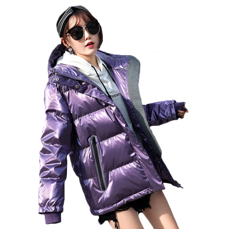 Женская Блестящая парка серебристого/фиолетового цвета зимняя Свободная куртка