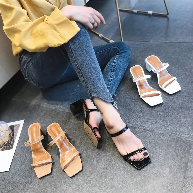 Slip On Square Heel Women Slipper Summer Outdoor Trendy Comfortable Women Sandals Thin Strap Women Slipper Elegant Women Shoe