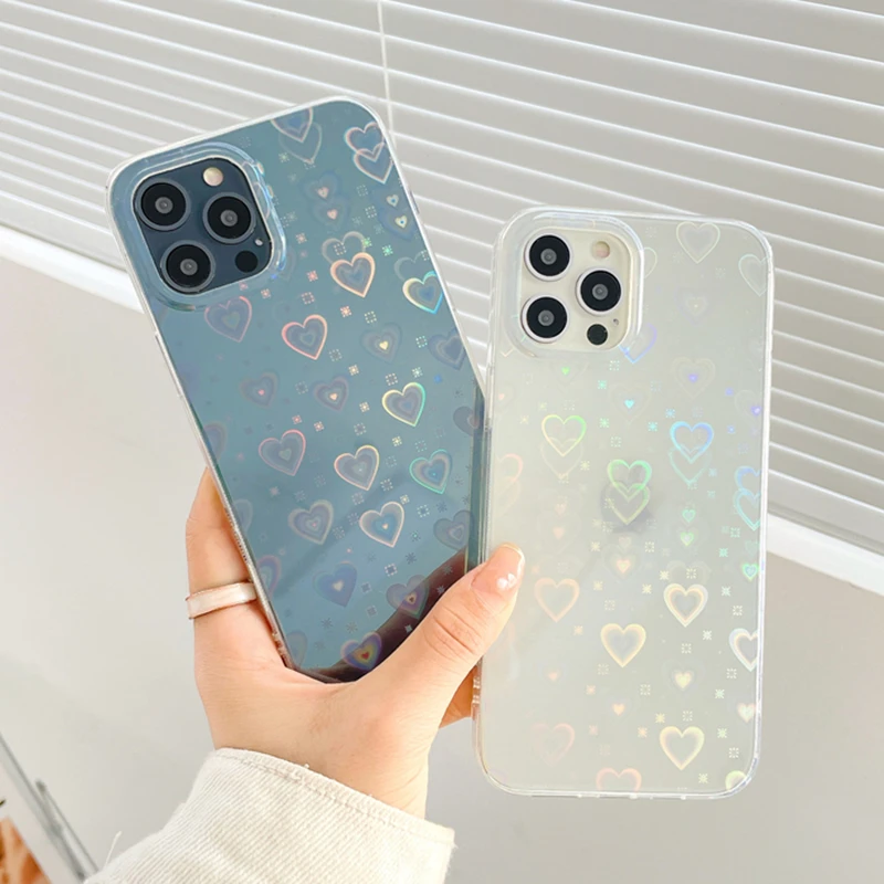 Модный прозрачный чехол с градиентным лазерным рисунком сердца для iPhone 12 11 Pro XS Max