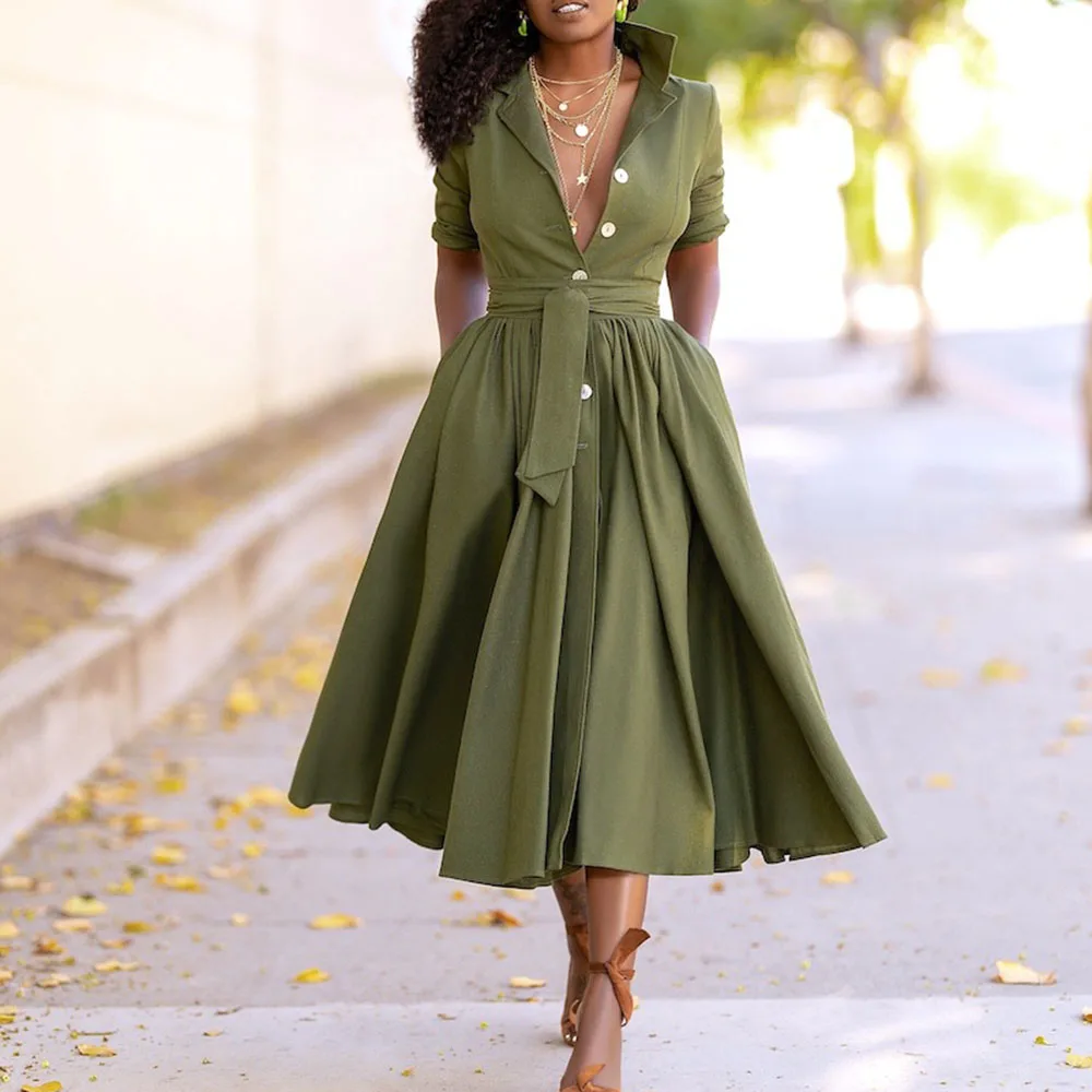 

2021 Summer Cardigan Shirt Dress Fashion Temperament Oversize Casual Solid Color Single-breasted High Waist Lace Sleeve