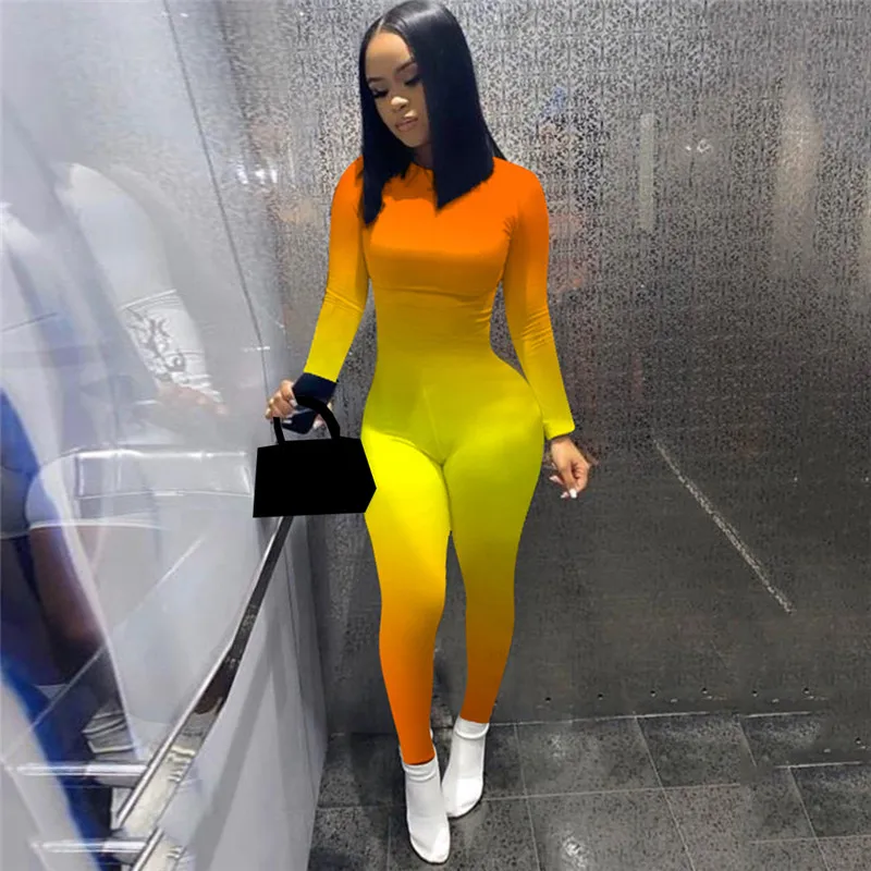 

Women Bodycon Jumpsuits Gradient Print Long Sleeve Sport Bandage Skinny Overalls Streetwear Spring Autumn Romper Outfits
