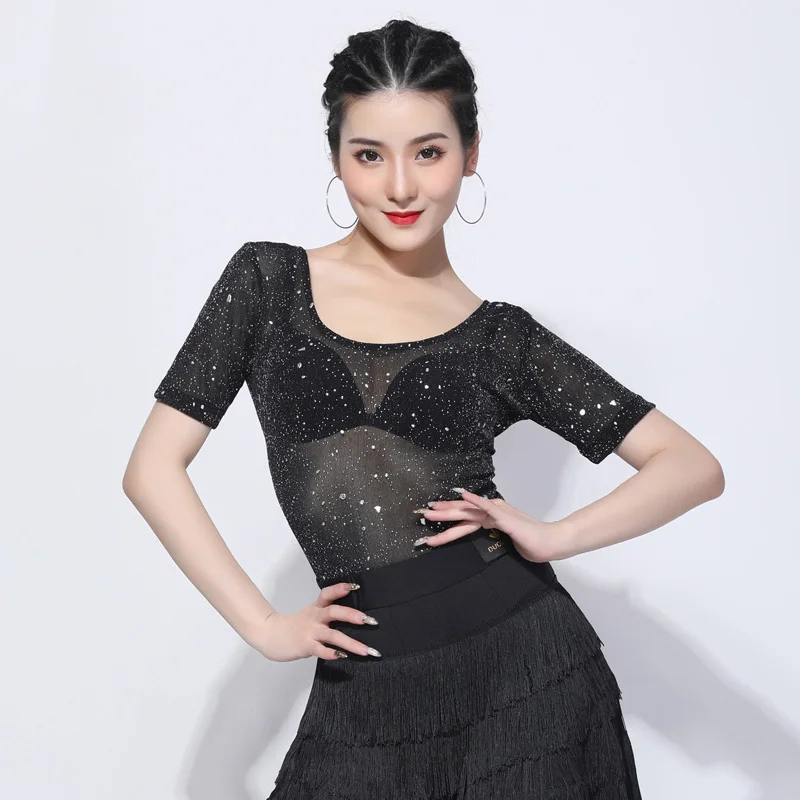 

Latin Dance Shirts Adults Sexy Perspective Shiny Short Sleeve Top Samba Tango Salsa Cha Cha Rumba Performance Clothing DNV13460