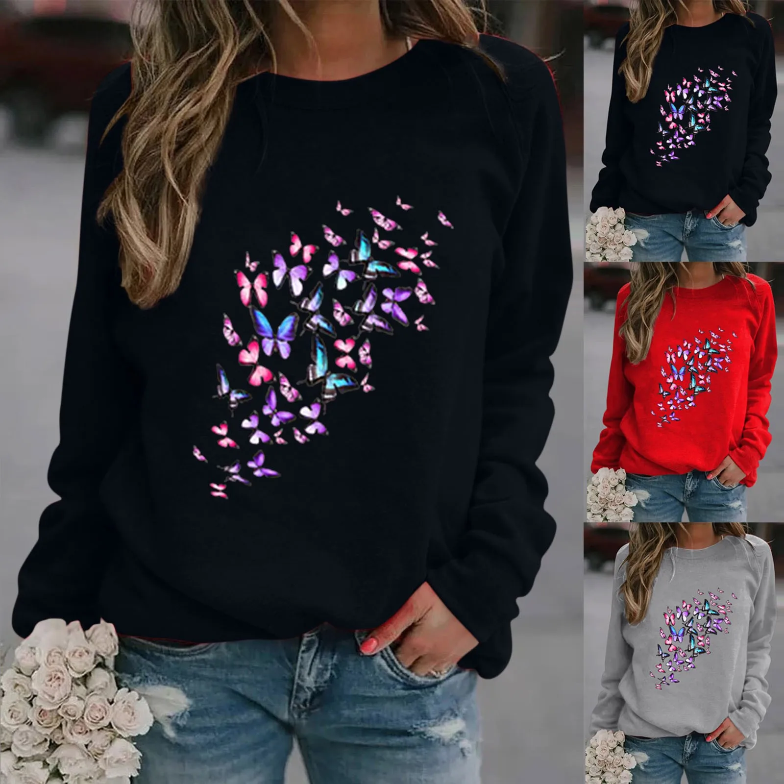 

Свитшот женский с принтом бабочек, повседневный модный Свободный Топ в стиле Харадзюку, с круглым вырезом и длинным рукавом, с узором в виде ...