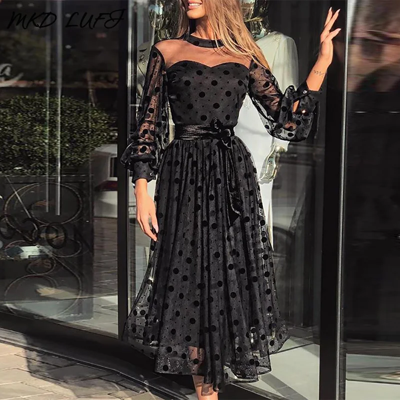 Сетчатое платье в горошек с прозрачным рукавом плиссированное женское