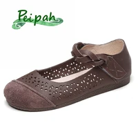 peipah handmade genuine leather womens mary janes shoes for women hollow out solid shallow flats wedges footwear ladies shoes
