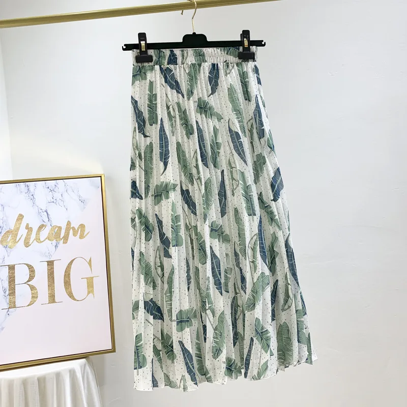 

Printed Pleated Skirt Women For Summer Korean Chiffon Skirts Women Elastic High Waist Thin Prairie Chic Long Womens Skirts Femme