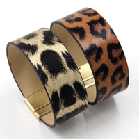 b2302 zwpon pu leather leopard cuff bracelets magnet wide animal print cheetah magnetic bangles punk jewelry wholesale