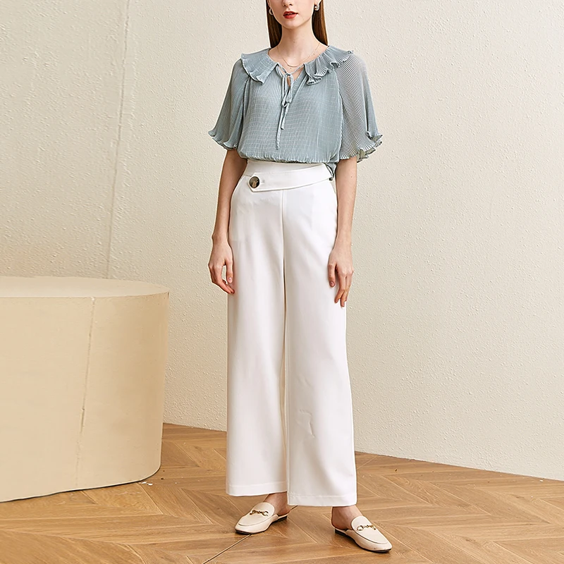 

VGH Elegant Wide Leg Pants For Women High Waist Button Pleated Slim Straight Long Trousers Female Fashion Clothing 2021 Spring
