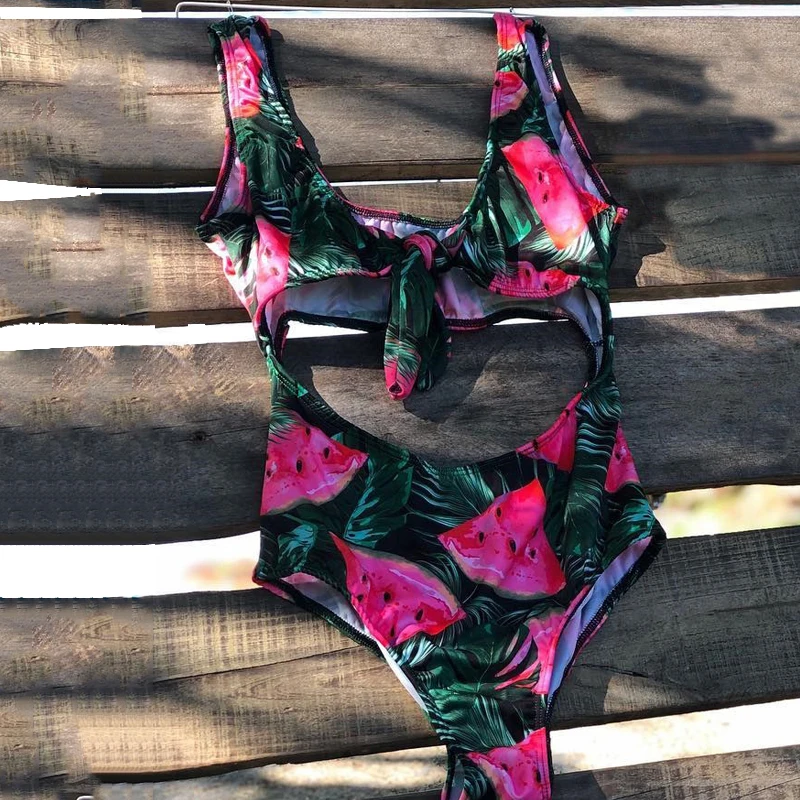 Цельные купальники с рюшами и принтом арбуза монокини цветочным рисунком