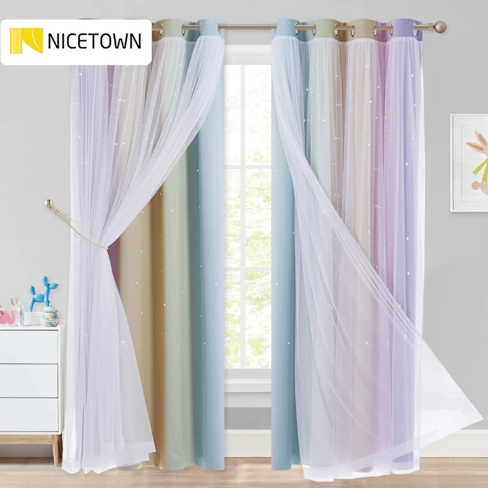 

Double Layer Blackout Curtains Star Cutout for Living Room Home Decor White Sheer Window Curtain Panels for Babys Bedroom