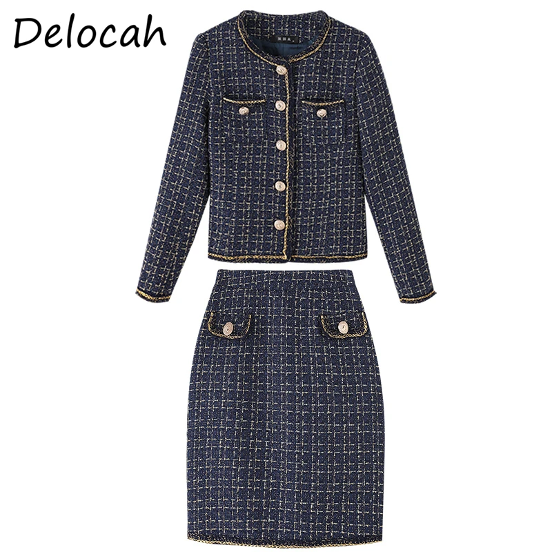 

Delocah Women Summer Fashion DesignerSkirt Set Long Sleeve Short Jacket + High Waist Slim Short Skirt 2 TwoPiecesSuits 2021