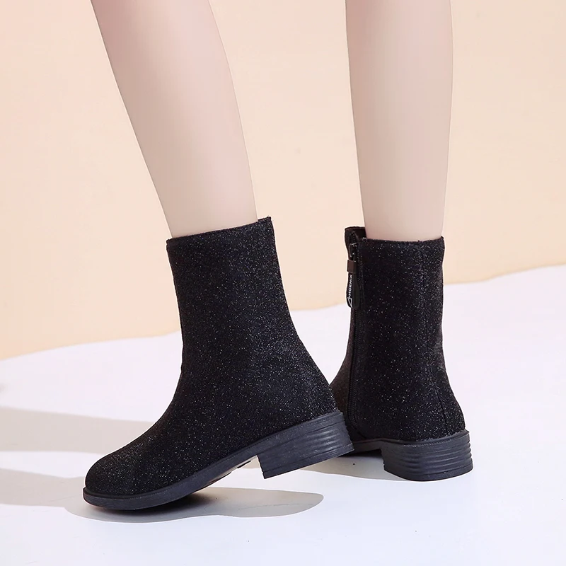 Г.; botas mujer; черные удобные женские сапоги до середины икры на молнии с круглым носком; Цвет черный, серебристый; зимние сапоги из флока наивысшего качества; botines mujer