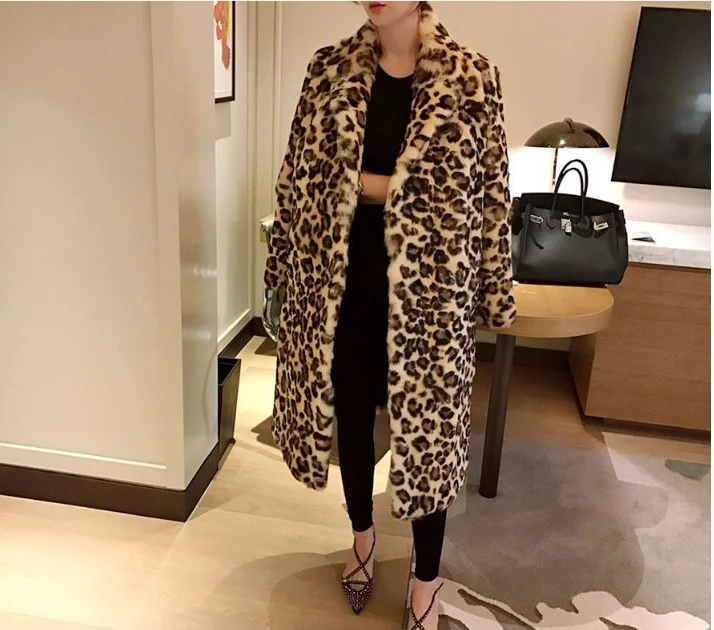 

Classic new leopard print imitation fur coat knee length coat female ins same coat