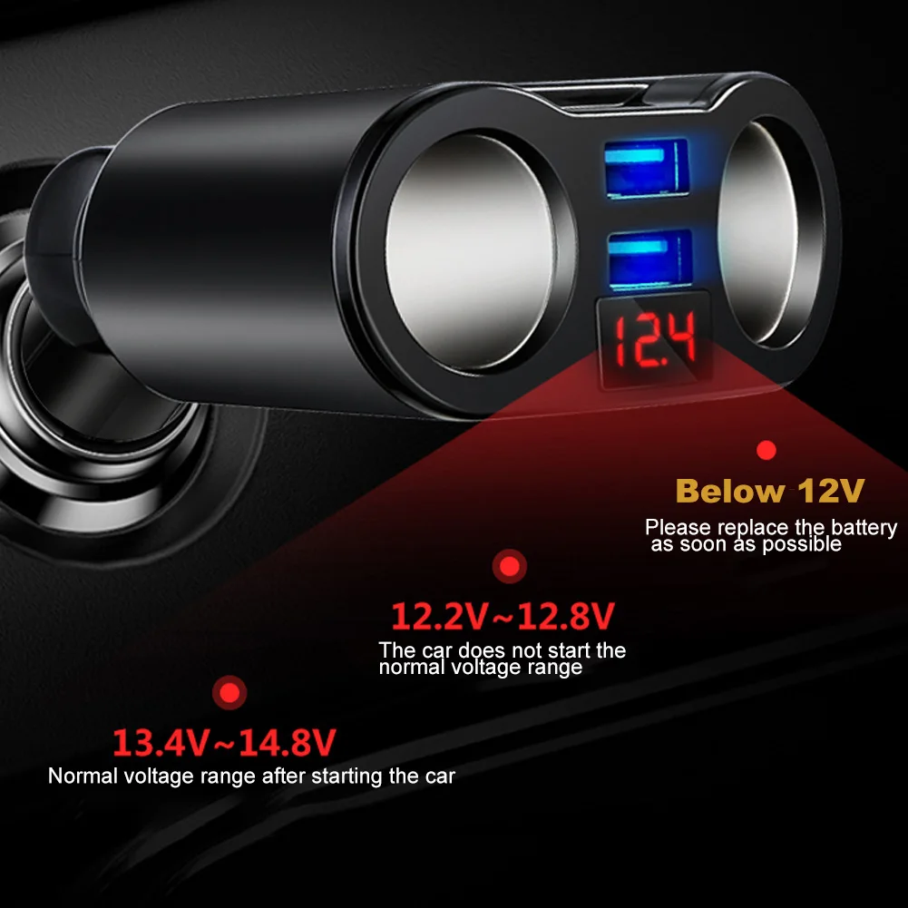 

Double usb car cigarette lighter one for three car Safe charger with led display rotating car charger