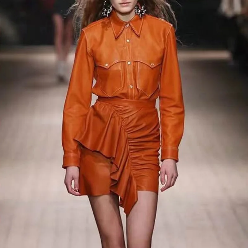 

MSXU Fashion Chic Elegant Turn-down Collar Ruffles PU Leather Shirt Blouse Top Skirt Casual Party Two Piece Women Set